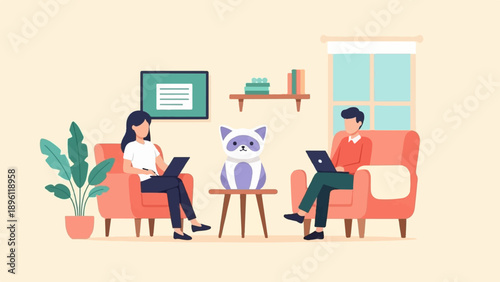 Cozy interior scene with two people working on laptops and a cat