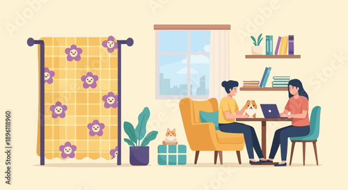 Cozy home interior with people and pets by a window