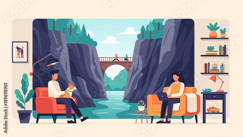 Cozy home interior opens to a picturesque canyon with a bridge and river