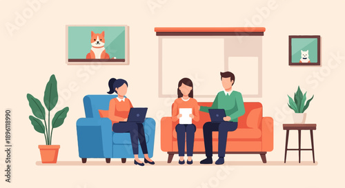 Diverse colleagues collaborate on laptops and papers in a modern office