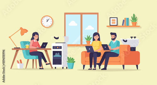 Diverse colleagues collaborate on laptops in a shared workspace