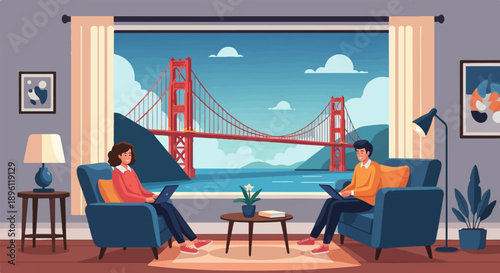 Cozy interior view with a famous bridge vista and people working remotely