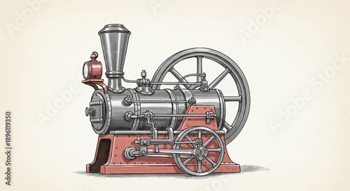 Detailed illustration of a vintage steam engine with red base and large wheels