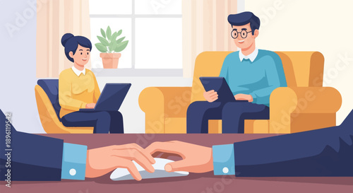 Coworkers collaborate on laptops and tablets in a bright, modern office space