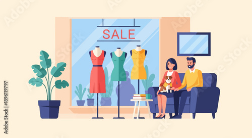 Couple with dog relax on sofa in shop near window displaying sale dresses