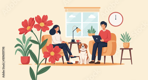 Couple with dog relaxing at home with plants and flowers, indoors