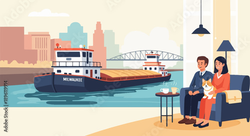 Couple with dog on couch enjoys view of barge on river city