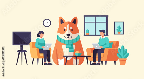 Cozy home scene with people, a dog, and work devices