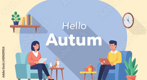 Cozy autumn scene with people, pets, books, and seasonal decor