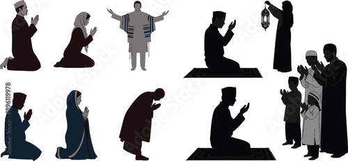 Muslim figures in prayer poses diverse group islamic worship black silhouette