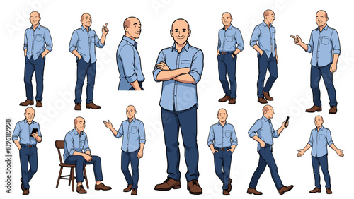 Vector set of a bald guy character in casual light blue shirt standing with crossed arms, pointing finger, holding tablet, walking, and sitting on chair isolated on white background.