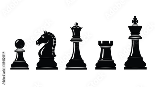 Black silhouettes of main chess pieces including pawn, knight, queen, rook, and king arranged in a single row.