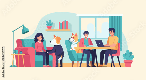 Cozy home scene with people and pets, indoors, relaxing, working