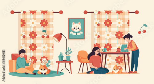 Cozy home scene with people and pets, checkered curtains