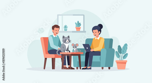 Cozy home scene with people, cat, and mouse on furniture
