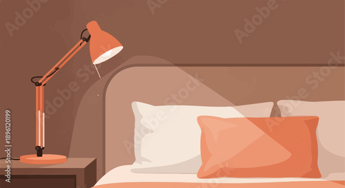 Cozy bedroom scene with a vibrant orange desk lamp illuminating a bed