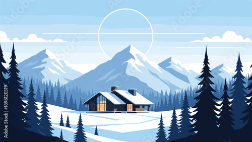 Cozy wooden cabin in a snowy winter landscape with pine trees and high mountains under a large white moon.