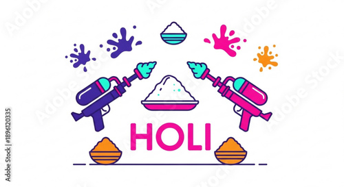 Vibrant holi celebration with colorful powder and water guns on white background