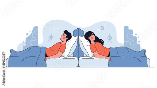 Couple in bed looking upset and lying back to back illustrating relationship problems, insomnia, or conflict.