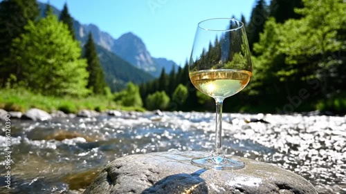 A glass of white wine sits on a rock in a stream with a backdrop of trees and mountains under a blue sky