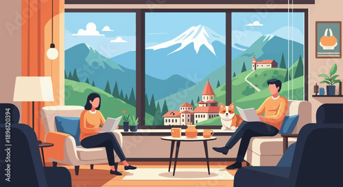 Cozy indoor scene with a couple reading and a dog, overlooking mountains