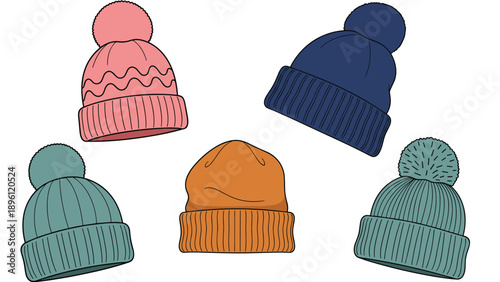 Assortment of five knit winter beanies in various colors like pink, navy, teal, and orange with pom-poms.