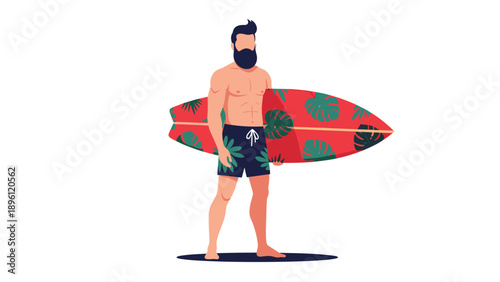 Bearded surfer man standing and holding a red surfboard decorated with green palm leaf patterns on white background.