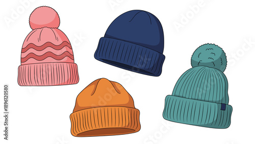Colorful winter hats collection featuring various styles and colors including pink pompom beanie and navy blue knit cap.