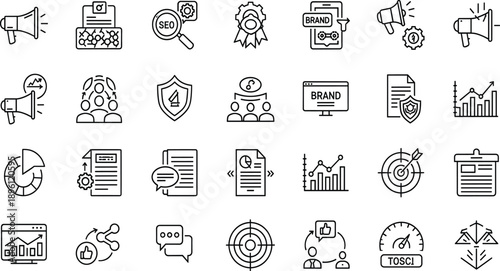 Branding and Marketing Strategy Icon Set Featuring SEO Analysis, Promotion Tools, Performance Metrics, Target Goals, Business Reports, and Professional Digital Growth Concepts.