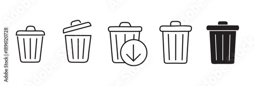 Bin icon set. Delete, trash bin, garbage icon symbol vector. Trash can collection.  Wastebasket. Trash Can Icon. Vector Illustration.