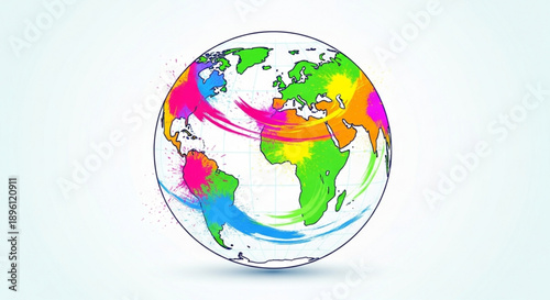 Vibrant global connections map with colorful routes on a white background symbolizing international travel and communication