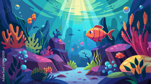 Colorful underwater scene with tropical fish, coral reefs, sea plants and sunlight rays shining through the ocean surface