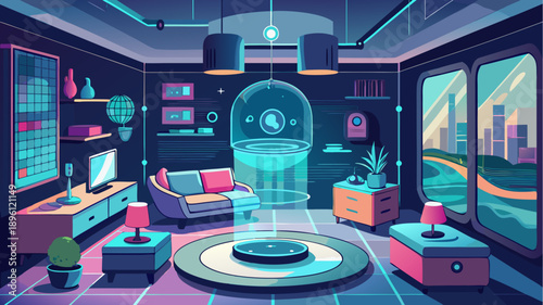 Futuristic living room with neon lighting, modern furniture, large windows and a central hologram projector in a sci-fi interior style