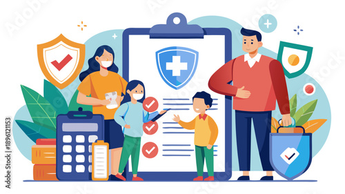 Illustration of a happy family with health insurance checklist and protective shield icons symbolizing healthcare and family safety