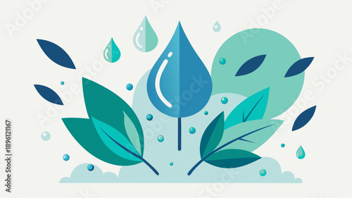 Flat style illustration of blue and green leaves with water droplets symbolizing eco-friendliness, freshness and environmental care