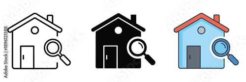 Home inspection icon set in flat vector illustration featuring outline, filled, and colored styles, ideal for real estate, property evaluation, construction, safety, and home maintenance design