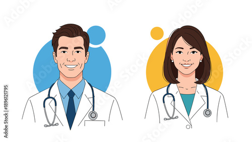 Professional male and female doctors wearing white lab coats and stethoscopes smiling against colorful circular backgrounds in a medical setting.