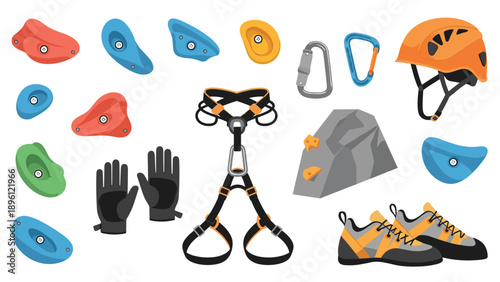 Essential rock climbing gear set featuring a safety harness, protective helmet, climbing shoes, gloves, and colorful climbing wall holds.