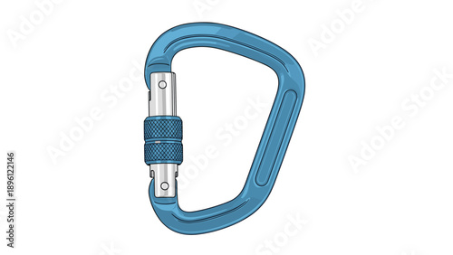 Detailed illustration of a blue metallic climbing carabiner with a screw lock mechanism for safety in mountain sports and rescue operations.