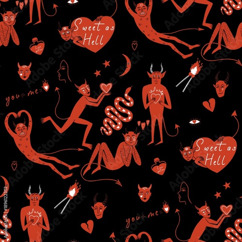 Cute Valentine Devils Seamless Pattern with Hearts in hand drawn style on Black Background