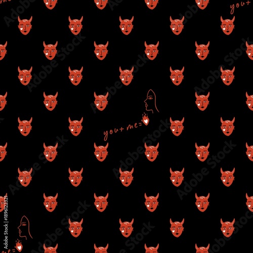 Cute Valentine Devils Seamless Pattern with Hearts in hand drawn style on Black Background