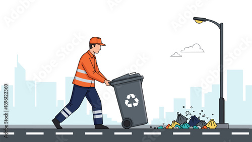 Dedicated sanitation worker in a high-visibility uniform pushing a heavy recycling bin along a city street next to a pile of garbage bags.