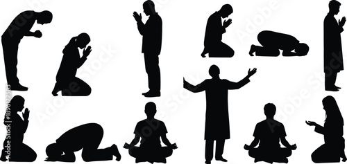 Diverse praying figures depicted in black showcasing various devotional poses silhouette