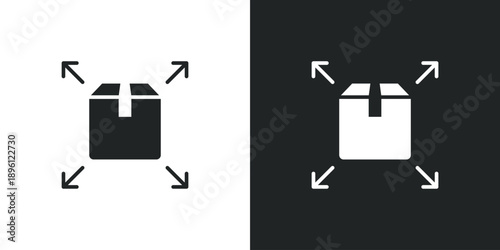 Cardboard box package icon with four arrows pointing outwards for shipping logistics and distribution. Solid vector symbol illustration
