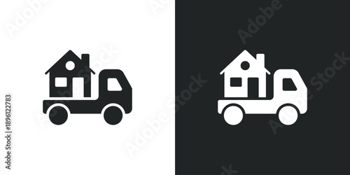 Truck carrying a house icon for relocation services moving company and real estate logistics delivery. Solid vector symbol illustration