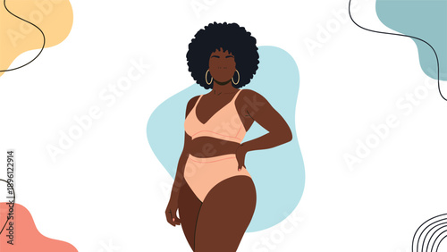 Confident African American woman with a natural afro hairstyle posing in comfortable beige underwear against a minimalist artistic background.
