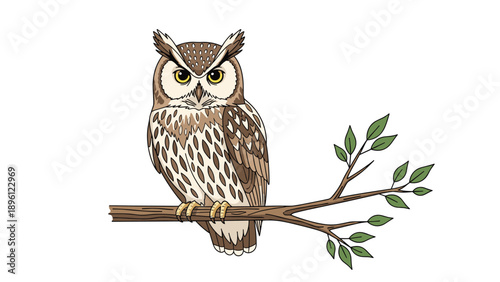 Majestically illustrated owl with detailed plumage and sharp yellow eyes perched calmly on a tree branch with green leaves.