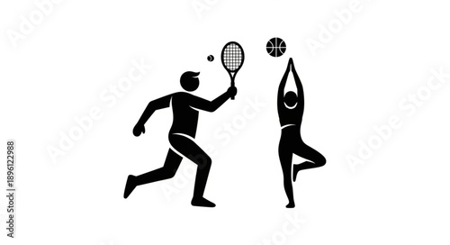Athletes playing tennis and basketball in silhouette.