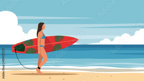 Young woman in a blue bikini walking along a sandy beach carrying a red surfboard with tropical leaf patterns towards the ocean.