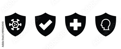 Immune system icon set illustrating antibacterial protection, virus defense, bacteria control, and immunity concepts, medical health symbols